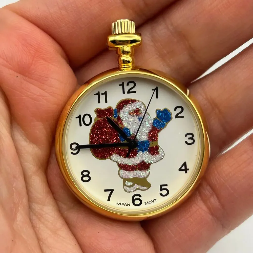 Santa Claus Dial Gold-tone Stainless Steel Pocket Watch Working New Battery
